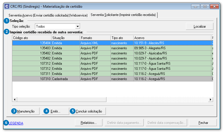 Materialização de certidão - Serventia solicitante