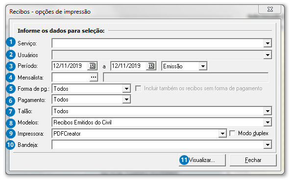 Recibos - opções de impressão