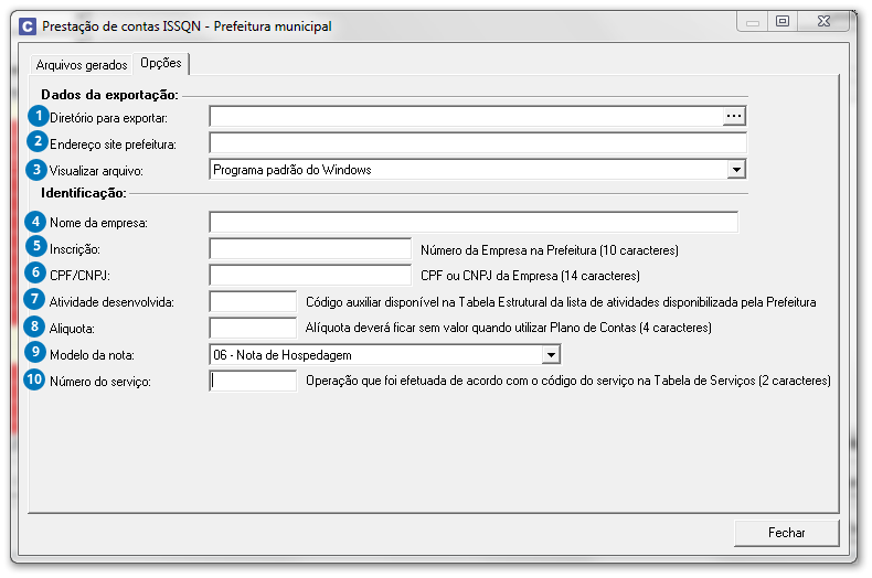 Prestação de contas ISSQN - Prefeitura municipal(Opções)