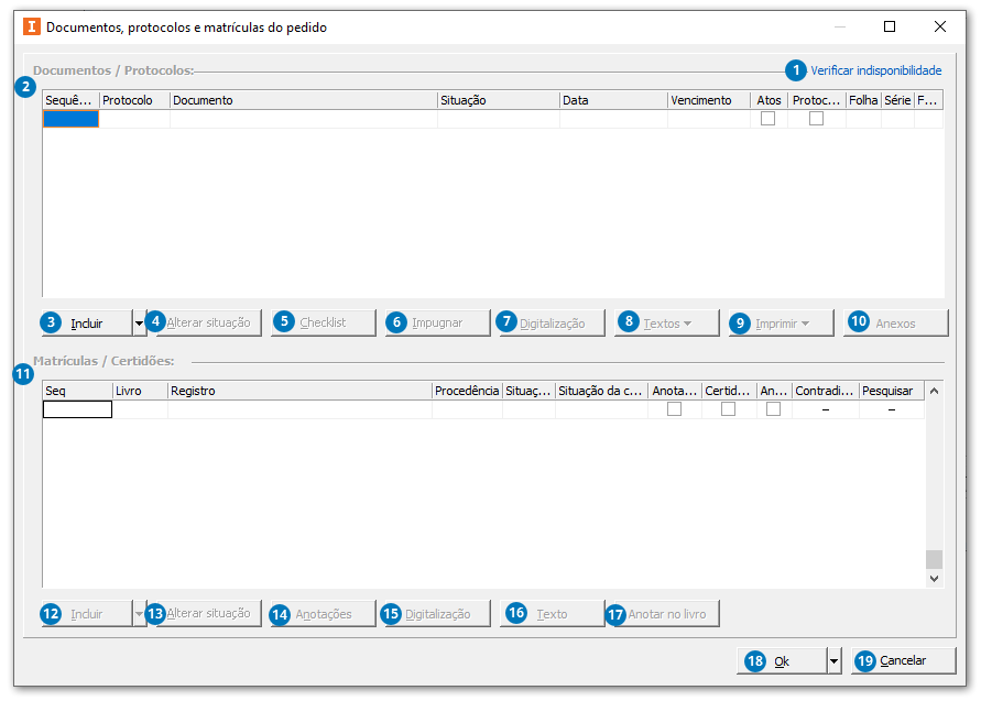 Documentos, protocolos e matrículas do pedido