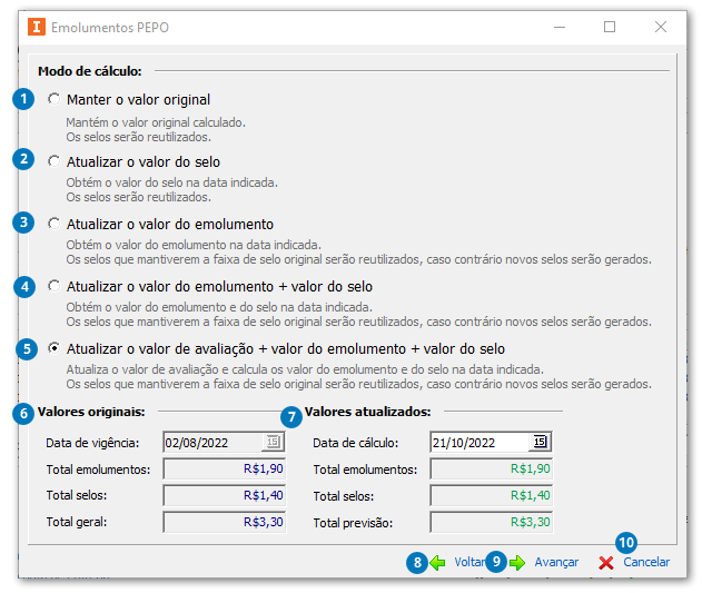 Geração emolumentos PEPO - Valores