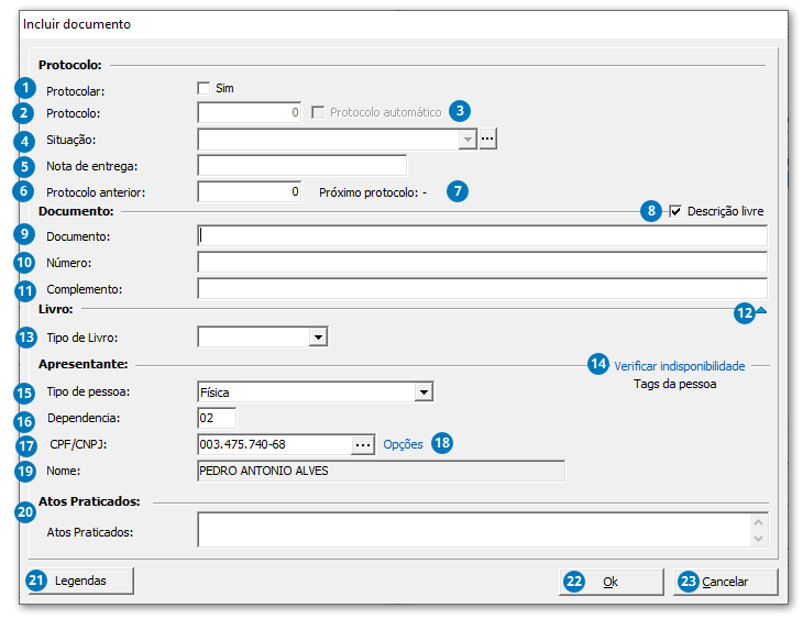 Inclusão de documentos com um apresentante