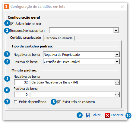 Configurações do lote de certidões