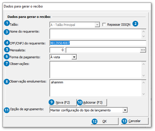 Dados para gerar o recibo