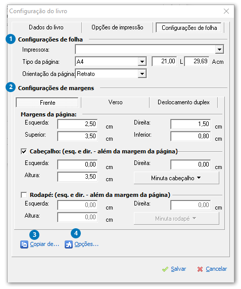 Configurações de folha