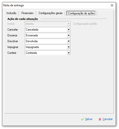 Configuração de ações